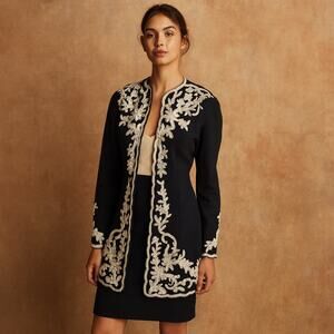 Vintage 90s MArie St. Claire Embroidered NAvy Blue Two Piece Suit  Small